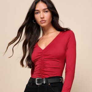 Lulus Favorable Feeling Red Ruched Long Sleeve Bodysuit - Size S